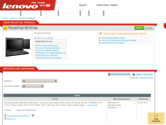 ThinkPad W701ds driver download page on the Lenovo site