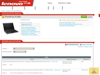 ThinkPad X100e driver download page on the Lenovo site