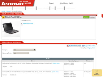 ThinkPad X121e driver download page on the Lenovo site