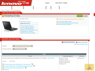 ThinkPad X130e driver download page on the Lenovo site