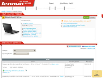 ThinkPad X131e driver download page on the Lenovo site