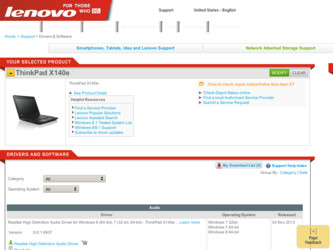 ThinkPad X140e driver download page on the Lenovo site