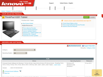 ThinkPad X201 driver download page on the Lenovo site
