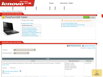 ThinkPad X220 driver download page on the Lenovo site