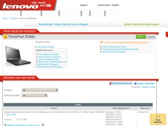 ThinkPad X240s driver download page on the Lenovo site