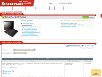 ThinkPad X60 driver download page on the Lenovo site