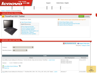 ThinkPad X61 driver download page on the Lenovo site