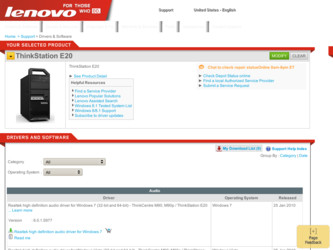 ThinkStation E20 driver download page on the Lenovo site