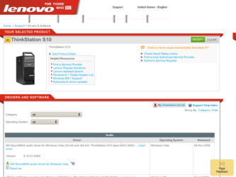 ThinkStation S10 driver download page on the Lenovo site
