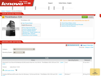 ThinkStation S30 driver download page on the Lenovo site