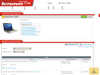 U350 driver download page on the Lenovo site