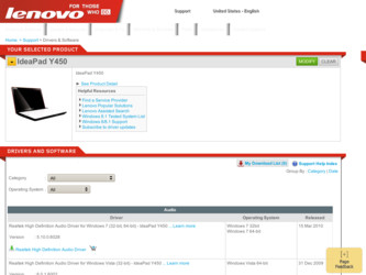 Y450 driver download page on the Lenovo site