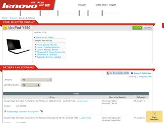 Y550 driver download page on the Lenovo site