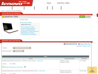 Y650 driver download page on the Lenovo site