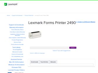 Forms Printer 2490 driver download page on the Lexmark site
