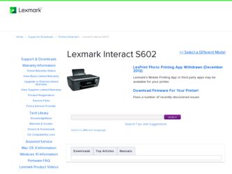 Interact S602 driver download page on the Lexmark site