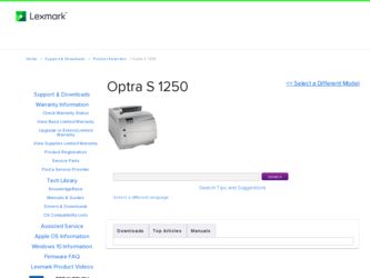 Optra S 1250 driver download page on the Lexmark site
