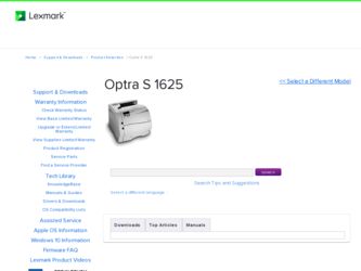 Optra S 1625 driver download page on the Lexmark site