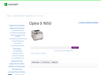 Optra S 1650 driver download page on the Lexmark site