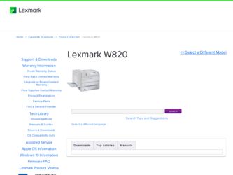 W820 driver download page on the Lexmark site
