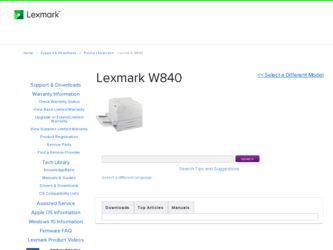 W840 driver download page on the Lexmark site