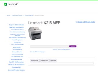 X215 driver download page on the Lexmark site
