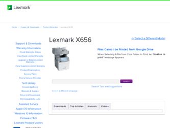 X656DE driver download page on the Lexmark site