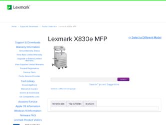 X830e driver download page on the Lexmark site