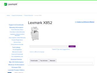 X852E driver download page on the Lexmark site