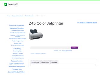 Z45 Color Jetprinter driver download page on the Lexmark site