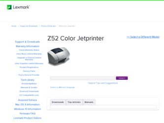 Z52 Color Jetprinter driver download page on the Lexmark site