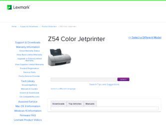 Z54 Color Jetprinter driver download page on the Lexmark site
