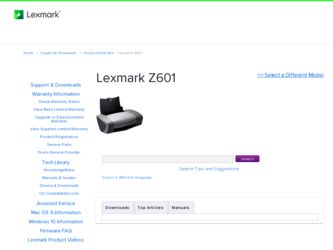 Z601 driver download page on the Lexmark site
