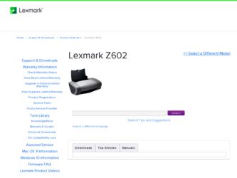 Z602 driver download page on the Lexmark site