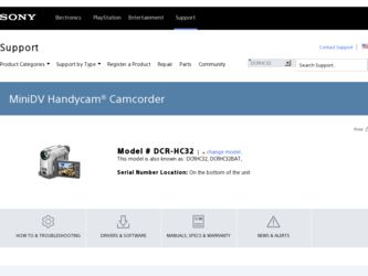 DCR-HC32 driver download page on the Sony site
