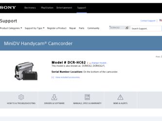 DCR-HC62 driver download page on the Sony site