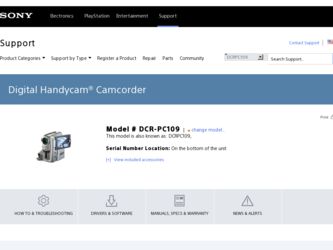 DCR-PC109 driver download page on the Sony site