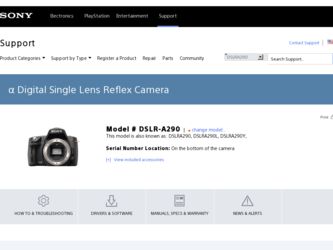 DSLR-A290 driver download page on the Sony site