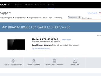 KDL-40HX800 driver download page on the Sony site