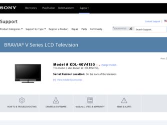 KDL-40V4150 driver download page on the Sony site