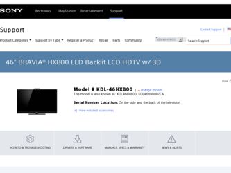 KDL-46HX800 driver download page on the Sony site