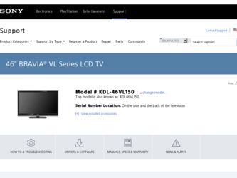KDL-46VL150 driver download page on the Sony site
