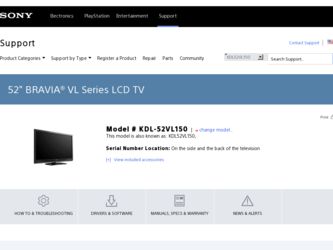 KDL-52VL150 driver download page on the Sony site