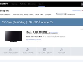KDL55HX750 driver download page on the Sony site