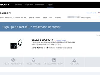 MZ-NE410 driver download page on the Sony site