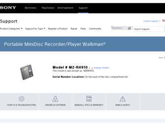 MZ-RH910 driver download page on the Sony site