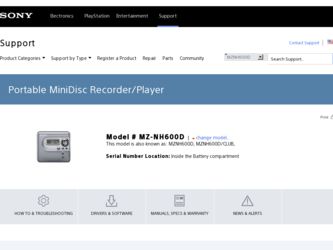 MZNH600D driver download page on the Sony site