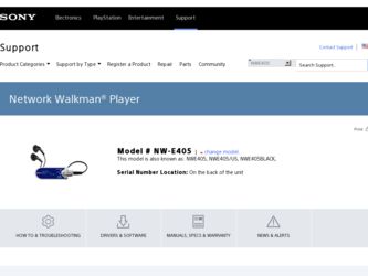 NW-E405 driver download page on the Sony site