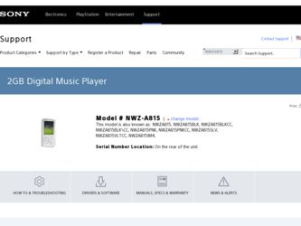 NWZ-A815WHI driver download page on the Sony site