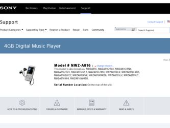 NWZ-A816 driver download page on the Sony site